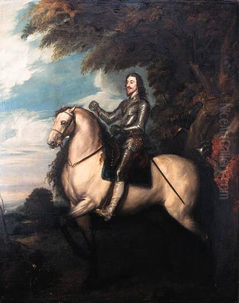 Portrait Of King Charles I, 
Full-length, In Armour On A Dun Horse,a Baton In His Right Hand, Wearing
 The Order Of The Garter,followed By An Equerry Carrying His Helmet Oil Painting by Sir Anthony Van Dyck