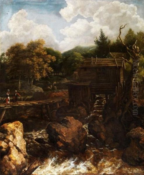 Muhle Am Bergbach Mit Holzbrucke Undfigurenstaffage Oil Painting by Allart Van Everdingen