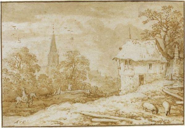 Cottage By A Road With A Horseman, A Church Tower Amid Trees In Thebackground Oil Painting by Allart Van Everdingen