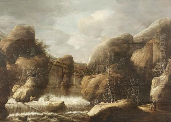 Gebirgslandschaft Mit Wasserfall Oil Painting by Allart Van Everdingen