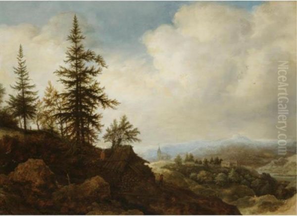 A Mountainous Landscape With A Figure Passing A Timber Shed In The Foreground Oil Painting by Allart Van Everdingen