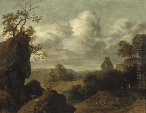 A Rocky Landscape With Figures On A Track, A Castle Beyond Oil Painting by Allart Van Everdingen