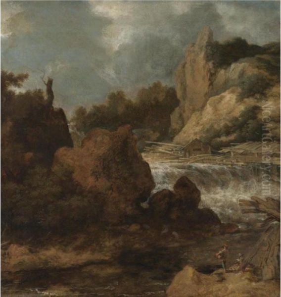 A Scandinavian River Landscape With Rapids And An Artist Sketching In The Foreground Oil Painting by Allart Van Everdingen