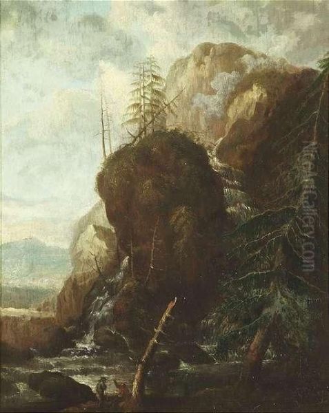 Rocky Landscape With A Waterfall And Figures. Oil/oak Oil Painting by Allart Van Everdingen