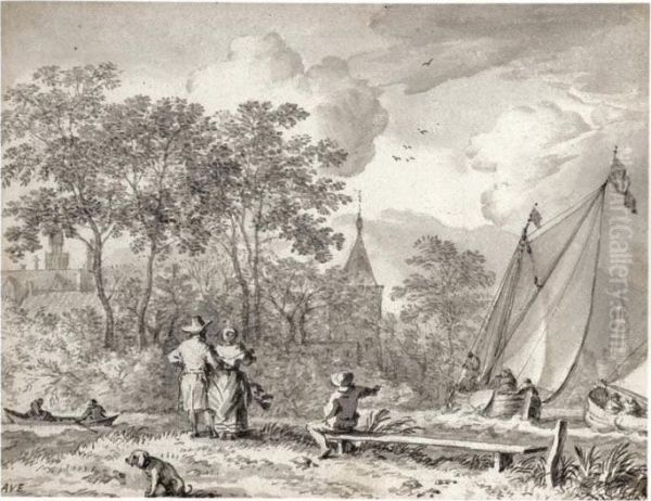 Landscape With Elegant Figures 
By A River, With Boats To The Right And A Town Behind Trees Beyond Oil Painting by Allart Van Everdingen