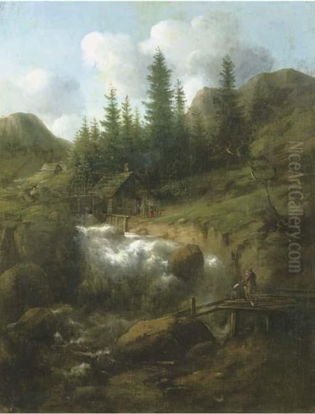 A Rocky Nordic Landscape With A Waterfall And Wooden Barns Oil Painting by Allart Van Everdingen