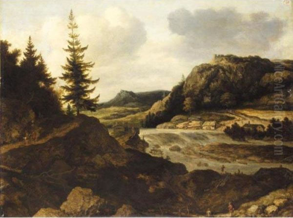 A Mountainous River Landscape 
With Travellers, A Herder And Sheep In The Foreground, A Mill On The Far
 River-bank Oil Painting by Allart Van Everdingen