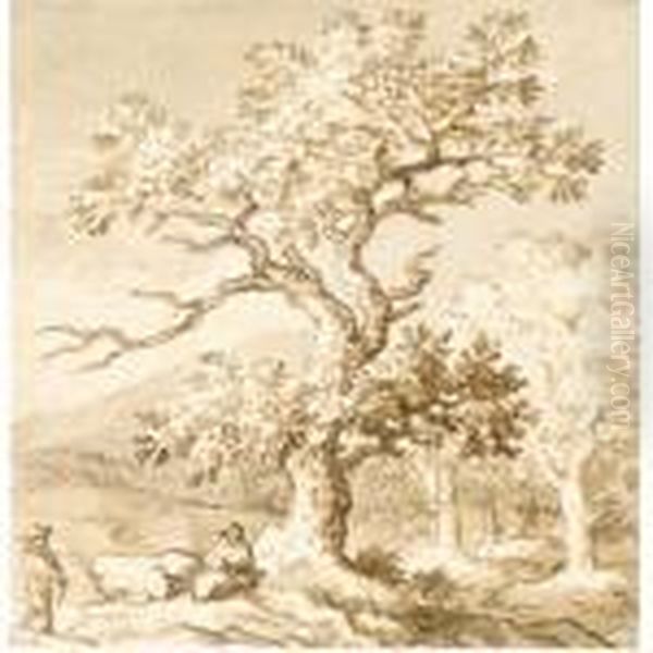 Landscape With Figures Resting By A Tree Oil Painting by Allart Van Everdingen