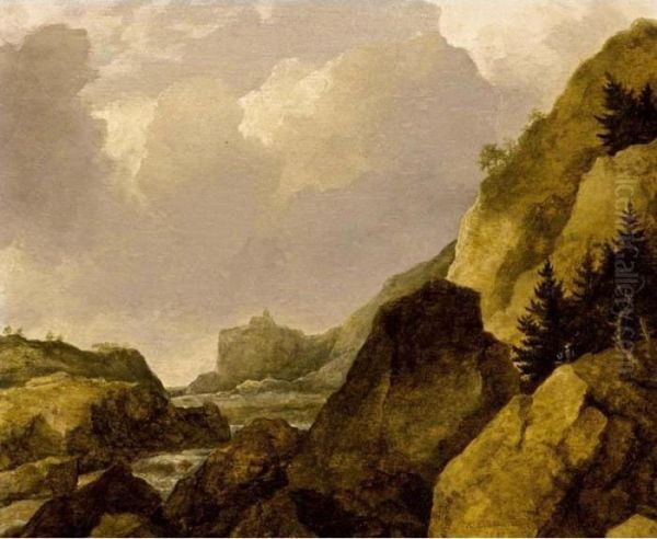 A Scandinavian Rocky River Landscape With Figures Near Trees Oil Painting by Allart Van Everdingen