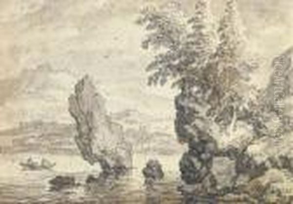 A Rocky Coastal Landscape With Pine Trees, Figures In A Rowing Boatbeyond Oil Painting by Allart Van Everdingen