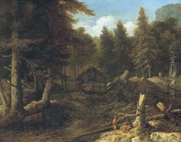 An Extensive Wooded Landscape With Woodmen In The Foreground Oil Painting by Allart Van Everdingen