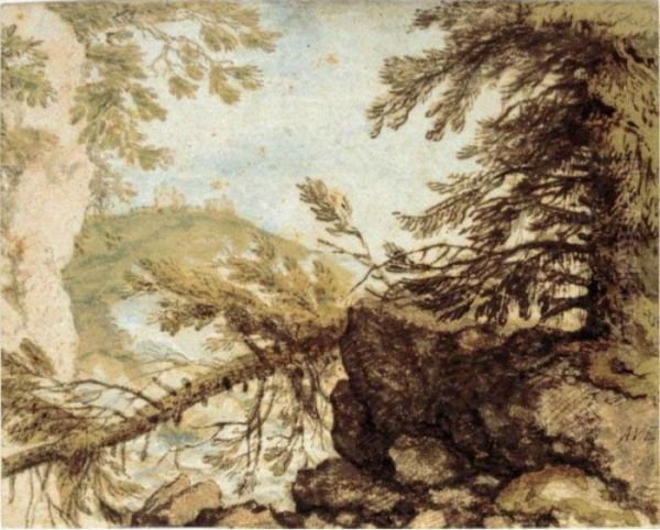 Wooded Mountain Landscape With A Fallen Pine And A Distant Castle Oil Painting by Allart Van Everdingen