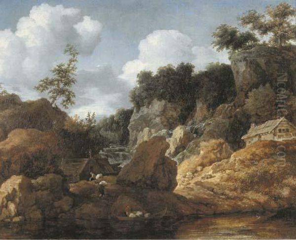 A Wooded River Landscape With Peasants Loading A Boat Oil Painting by Allart Van Everdingen