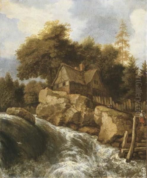 A Rocky Nordic Landscape With Peasants On A Path By A Waterfall,before A Cottage Oil Painting by Allart Van Everdingen