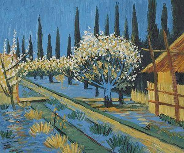 Orchard In Blossom, Bordered By Cypresses Oil Painting by Vincent Van Gogh