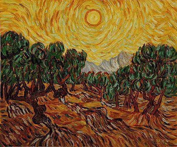 Olive Trees With Yellow Sun And Sky Oil Painting by Vincent Van Gogh