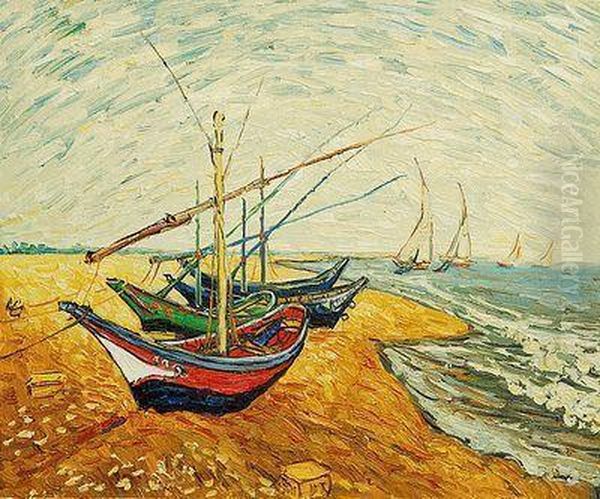 Fishing Boats On The Beach At Saintes-maries Oil Painting by Vincent Van Gogh