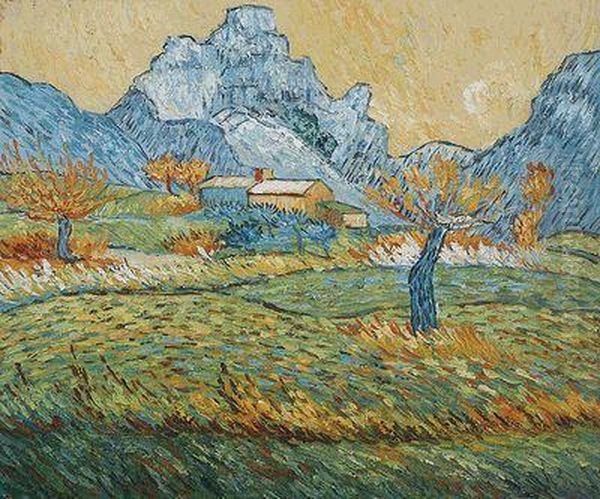 Field With Pollard Trees And Mountainous Background Oil Painting by Vincent Van Gogh