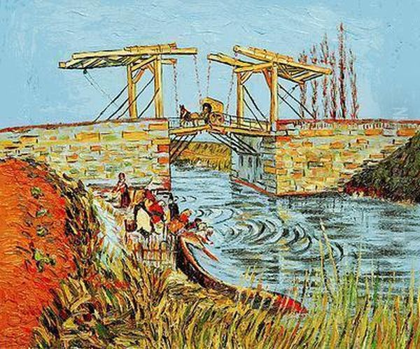 Langlois Bridge At Arles With Women Washing Oil Painting by Vincent Van Gogh