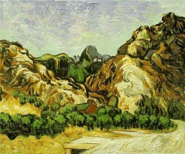 Mountains At St. Remy With Dark Cottage Oil Painting by Vincent Van Gogh