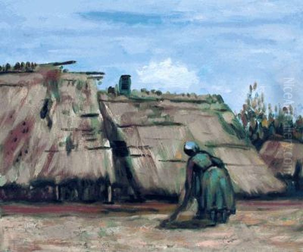 Peasant Woman Digging In Front Of Her Cottage Oil Painting by Vincent Van Gogh