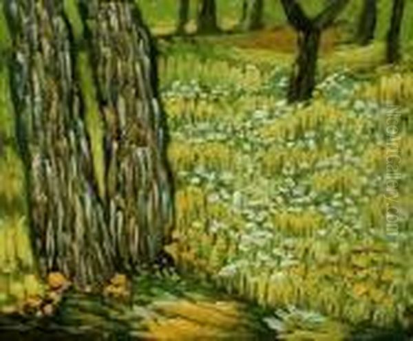 Pine Trees And Dandelions In The Garden Of St. Paul Hospital Oil Painting by Vincent Van Gogh