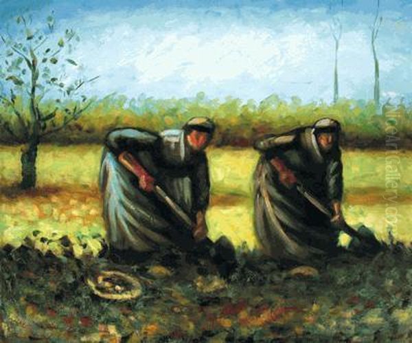 Two Peasant Women Digging Potatoes Oil Painting by Vincent Van Gogh