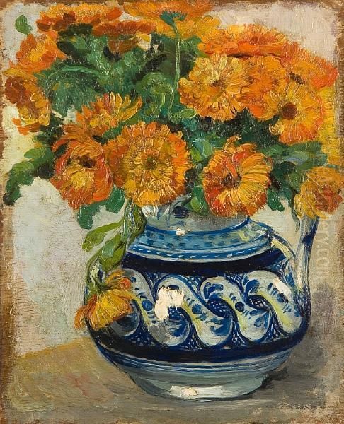 Still Life Of Marigolds In A Westerwald Jug Oil Painting by Vincent Van Gogh