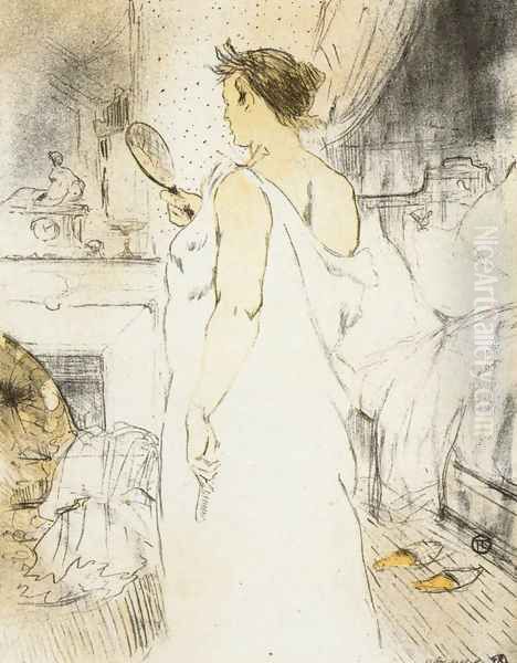 Elles: Woman Looking into a Hand Held Mirror Oil Painting by Henri De Toulouse-Lautrec