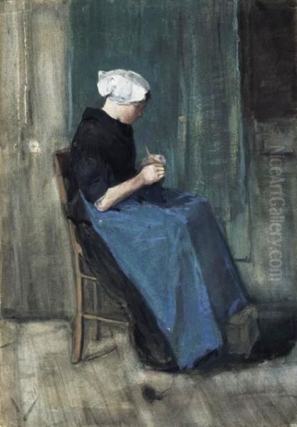 Young Scheveningen Woman, Knitting: Facing Right Oil Painting by Vincent Van Gogh