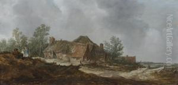 A Dune Landscape With Figures And A Farmhouse Oil Painting by Jan van Goyen