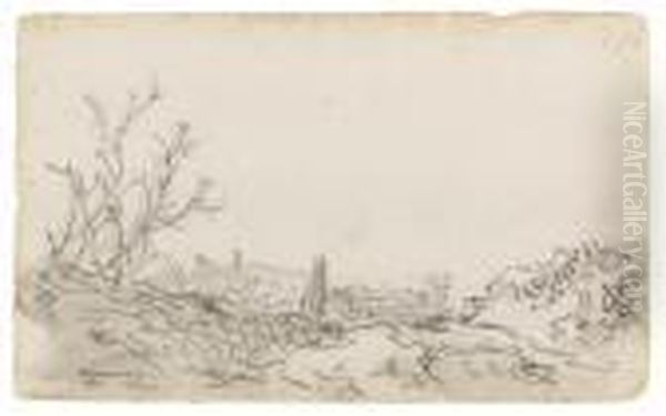 Recto: Dune Landscape With Trees At Left And A House Oil Painting by Jan van Goyen