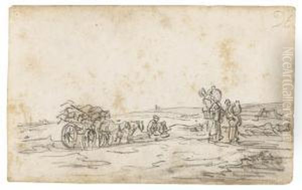 A Haywagon At Left And Women Carrying Jugs Oil Painting by Jan van Goyen