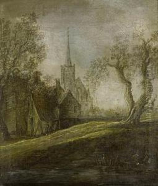 Figures Approaching A Shore On A Barge, A Church On The Horizon Oil Painting by Jan van Goyen