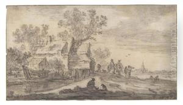 An Inn Beside A Road, A Church Beyond Oil Painting by Jan van Goyen