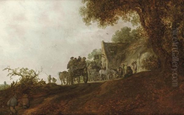 A Landscape With Travellers On A Road And Two Carts In Front Of An Inn Oil Painting by Jan van Goyen