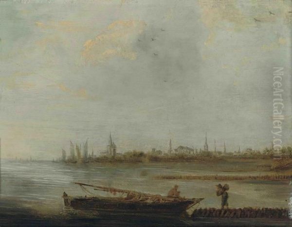 A Coastal Landscape With Fishermen, A City Beyond Oil Painting by Jan van Goyen