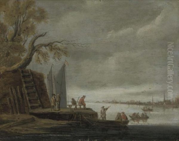 A Wooded River Landscape With 
Figures On A Jetty And Boats Crossing The River, A Town Beyond Oil Painting by Jan van Goyen