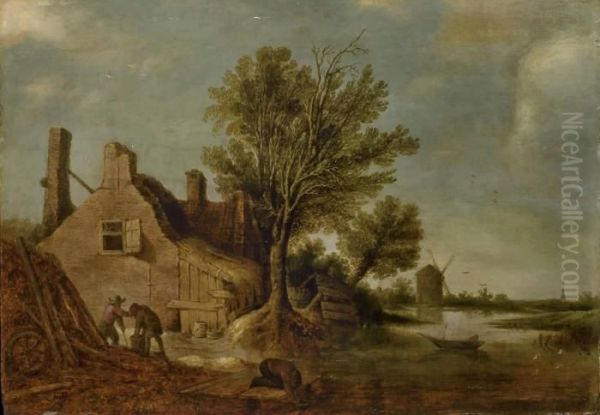 Paysans Travaillant Au Bord D'un Fleuve Pres D'un Moulin Oil Painting by Jan van Goyen