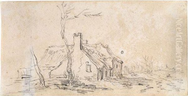 Zwei Baume Links, Dahinter Ein Grosses Gehoft, Rechts Ein Weg Oil Painting by Jan van Goyen