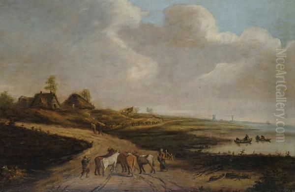 Drovers And Their Cattle On A Riversidepath. Oil Painting by Jan van Goyen