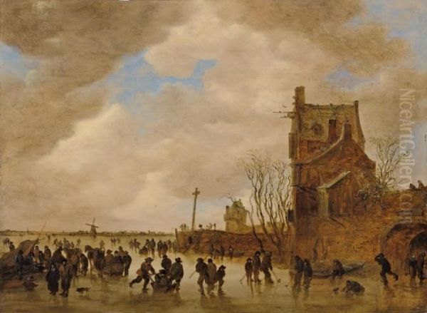 Eisvergnugen Vor Einemhohen Turmartigen Gebaude Oil Painting by Jan van Goyen