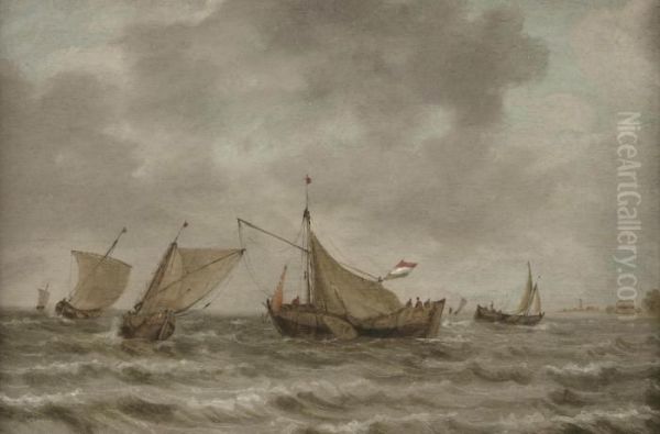 Dutch Sailing Vessels In Choppy Water Oil Painting by Jan van Goyen