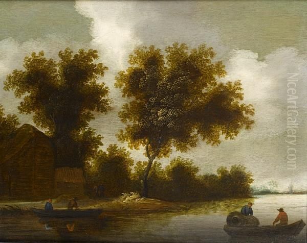 A Farmhouse In A Wood, Before A River Landscape, With Rowing Boats In The Foreground Oil Painting by Jan van Goyen