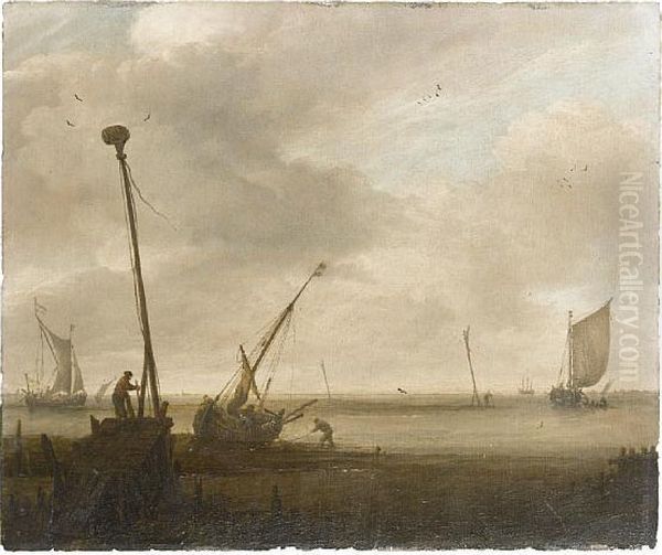 Low Tide On The Dutch Coast, 
With A Hoy On The Foreshore And Other Coastal Craft At Anchor Nearby; Oil Painting by Jan van Goyen