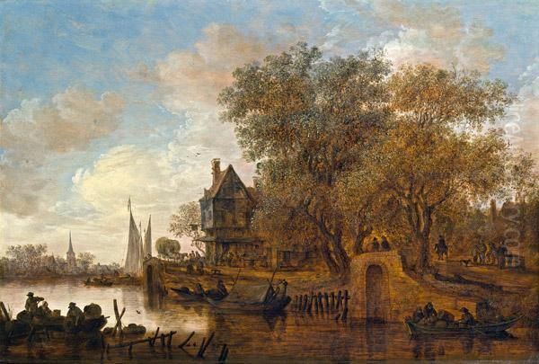 Flusslandschaft Mit Einem Mehrstockigen Wirtshaus Oil Painting by Jan van Goyen