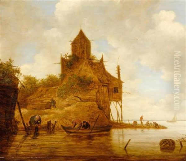 Fishermen At The Shore Oil Painting by Jan van Goyen