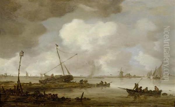 River Landscape With Fishing Boats. Oil Painting by Jan van Goyen