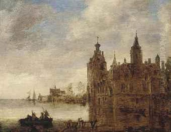 A River Landscape With Boats Before A Castle Oil Painting by Jan van Goyen