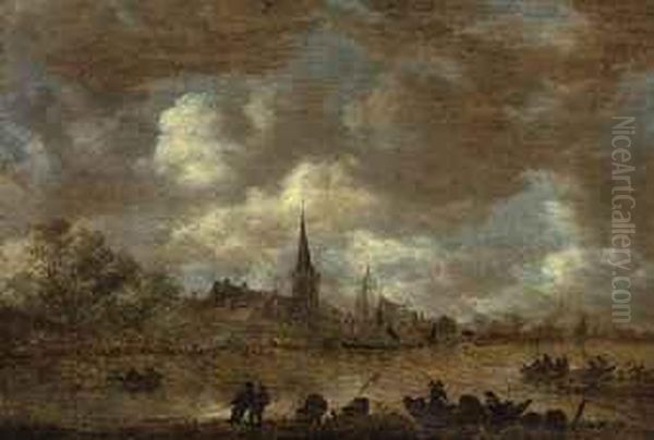 A River Landscape With Fishermen On Shore Oil Painting by Jan van Goyen